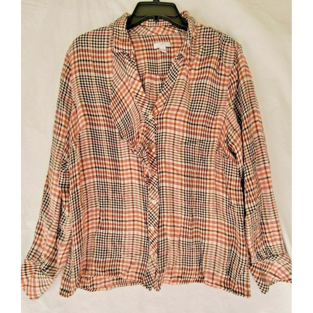 J Jill Women's Long Sleeves Shirt Plaid V Neck Ruffle Neck Line Button Down M